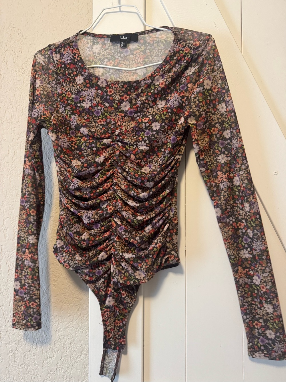Lulu's Multicolor Floral Ruched Long-Sleeve Mesh Bodysuit